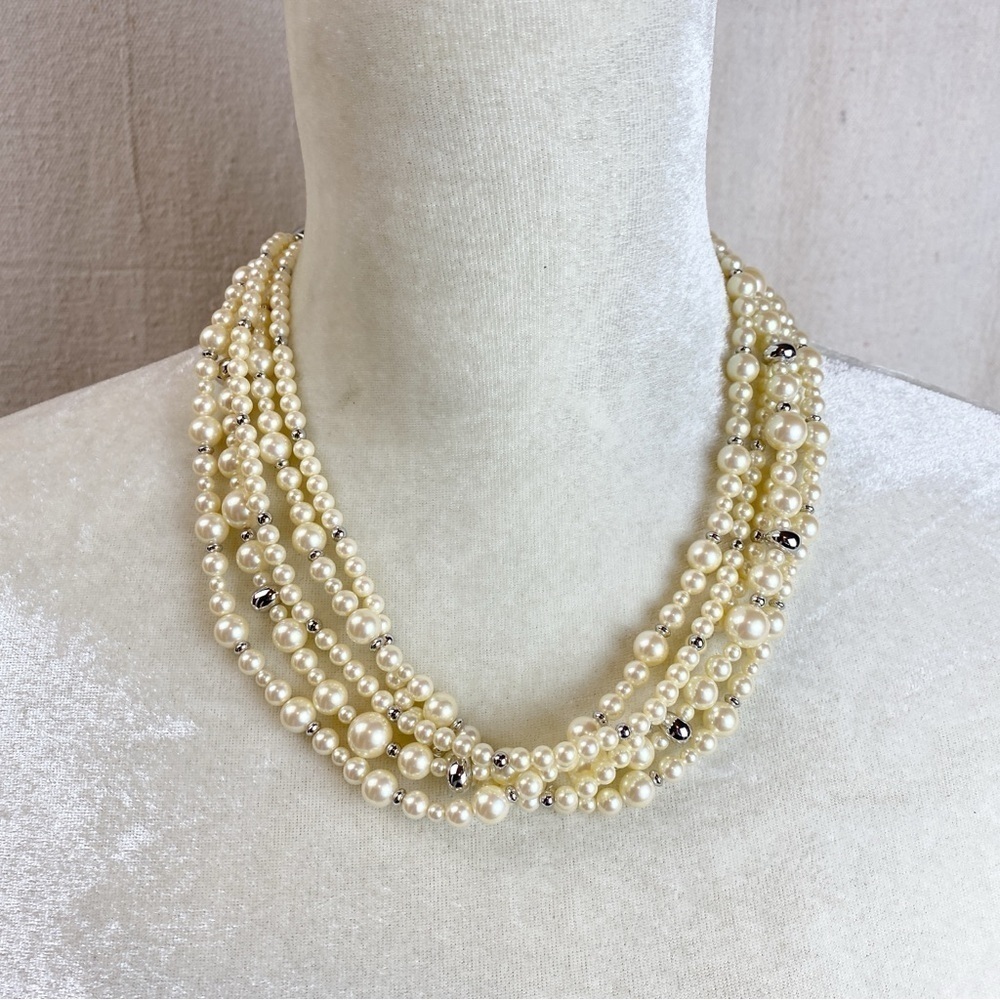 Monet 5 strand Faux Pearl Necklace silver tone hardware